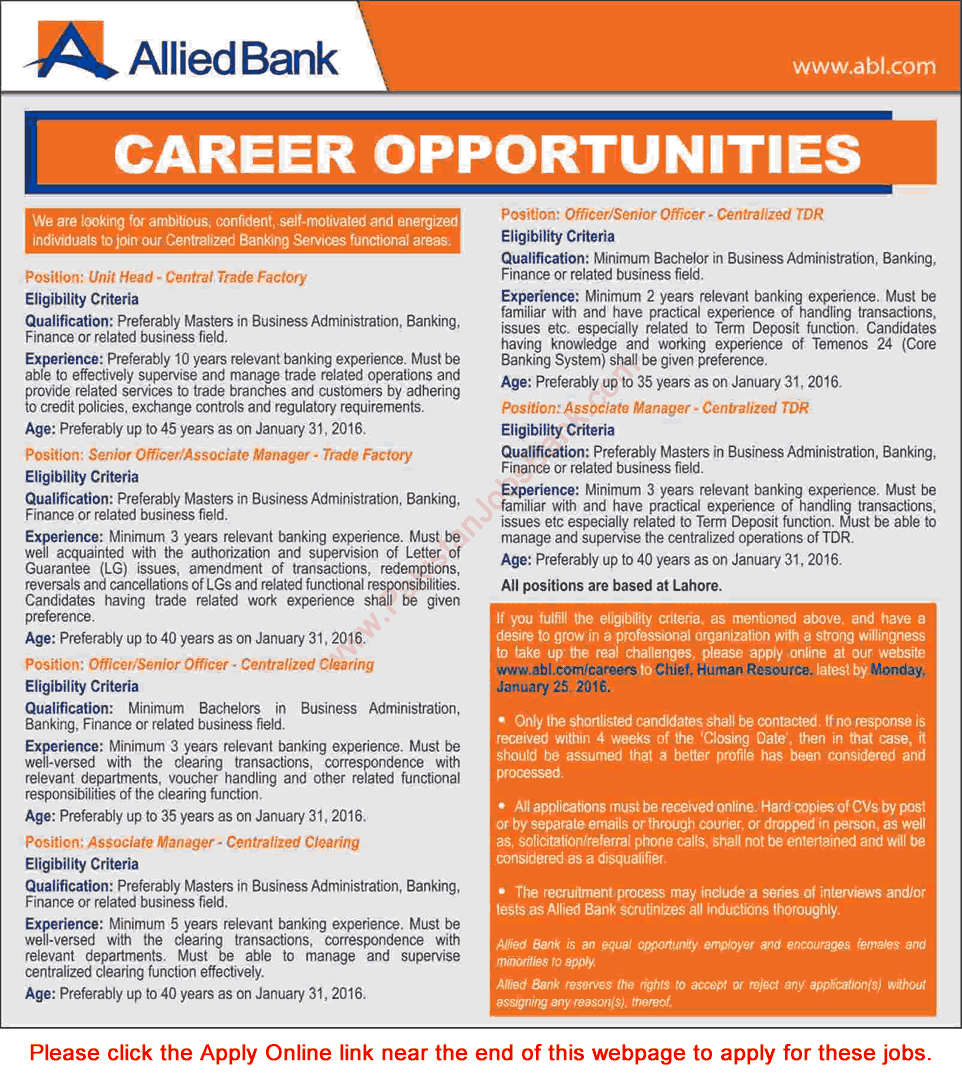 Allied Bank Limited Latest Jobs 2016